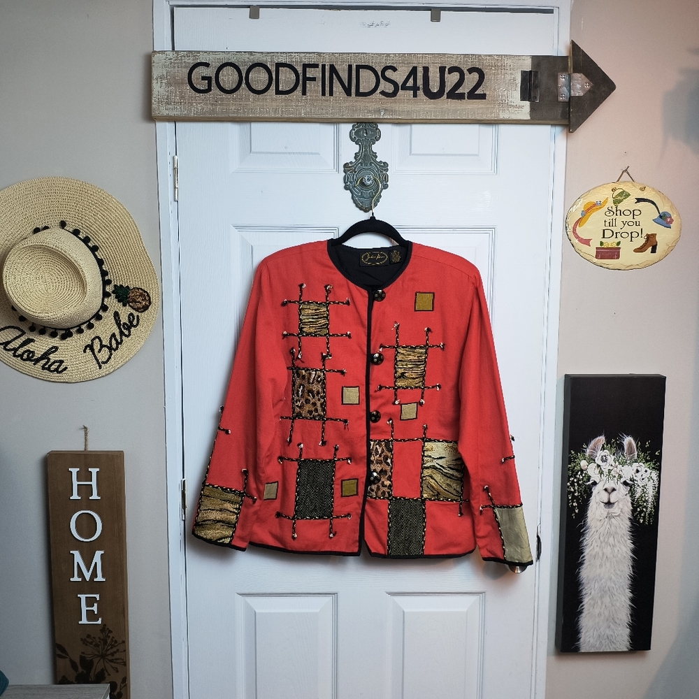 Vintage Julia Ku Jacket Sz M Red Animal Print Patchwork Retro
